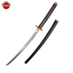 Espada Nichirin de Tanjiro Kamado de Kimetsu no Yaiba, réplica de la espada de respiración de fuego con hoja roja y empuñadura detallada.